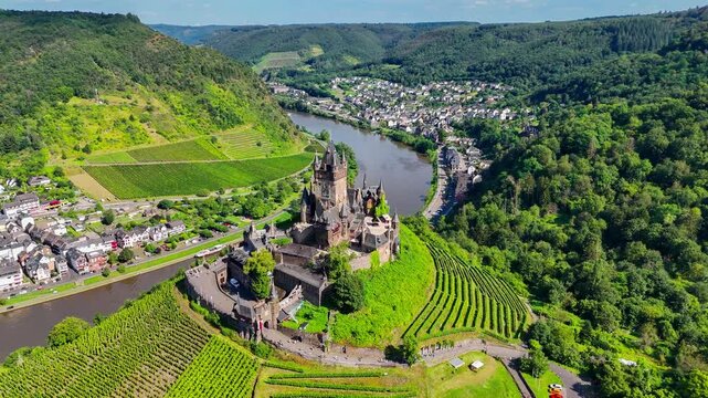 Aerial drone view of medieval castle Cochem. Wine region Mosel Valley, Germany  High quality 4k footage