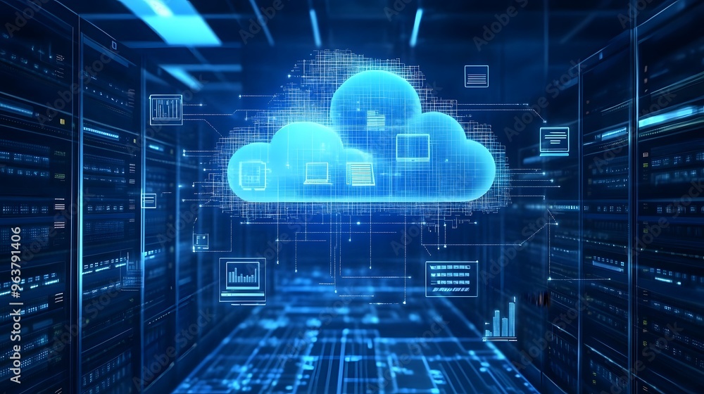 Poster software as a service (saas) visualized as a cloud-based platform empowering businesses globally