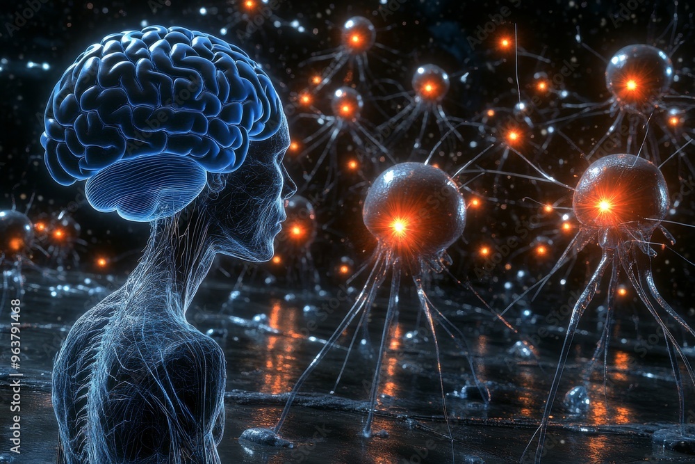 Poster neurotransmitter basal ganglia and somatic marker hypothesis digital 3d rendering of a brain with ne