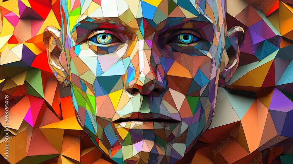 Poster abstract low poly face with vibrant colors and geometric patterns