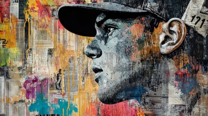 Obraz premium Urban street art portrait of a young man wearing a cap, showcasing vibrant colors on a textured background.
