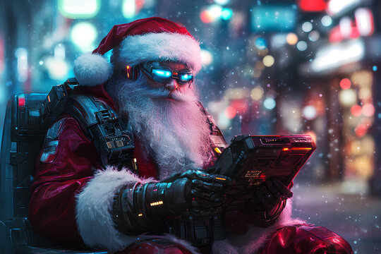 A futuristic Santa Claus in a red suit, goggles, and a backpack, standing in a snowy city at night