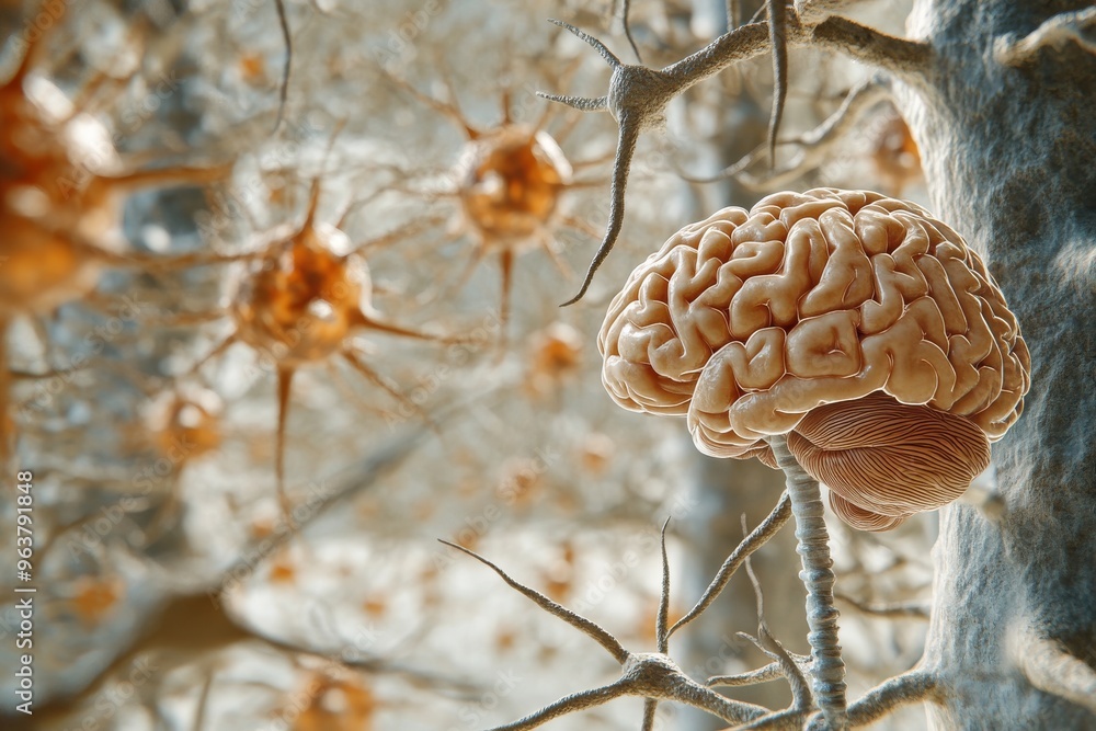 Poster foveal vision occipital lobe and receptor potential artistic rendering of a brain amidst a forest of