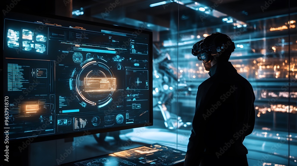 Poster businessman stands in front of a computer screen showing a virtual reality scene. this set is full o