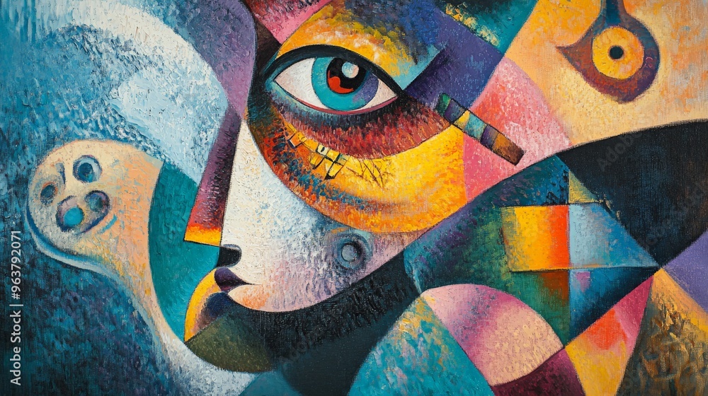 Poster vibrant abstract artwork featuring geometric shapes and a human face, blending vivid colors and surr