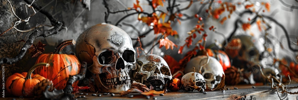 Wall mural Spooky Halloween Decorations Featuring Skulls and Skeletons