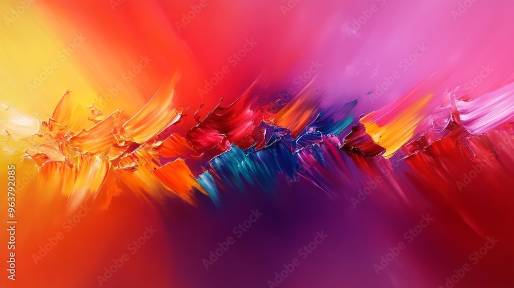Poster vibrant abstract artwork with bold colors and dynamic brush strokes, creating a visually captivating