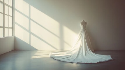 A stunning white wedding dress displayed elegantly in a sunlit room.