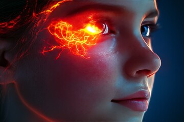 Obraz premium Neural integration thalamus and cognitive dissonance close up of a woman’s face with electric neural connections radiating from her eye visualizing heightened brain activity