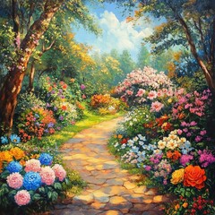 Colorful Garden Path with Flowers and Green Trees
