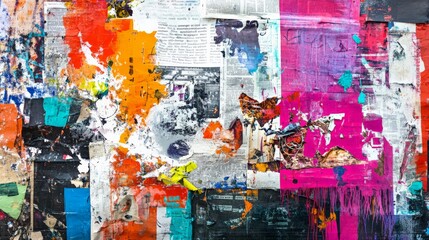 Fototapeta premium Vibrant abstract collage painting featuring mixed media elements such as newspaper clippings, bright paint splashes, and various textures.
