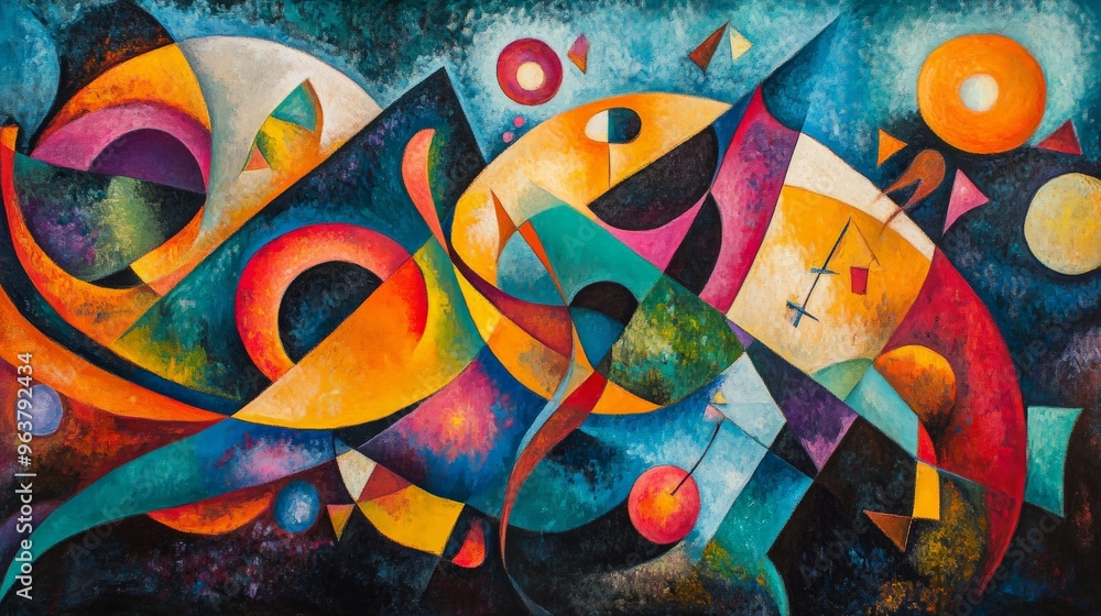 Poster vibrant abstract geometric painting featuring bold colors and dynamic shapes, creating an energetic 