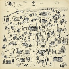 Hand Drawn Ink Sketch Map of a Town with Houses  Buildings  and Trees
