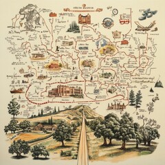 Fototapeta premium Hand drawn Map Illustration of a City with Buildings Trees and Text
