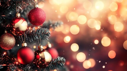 Fototapeta premium A festive Christmas tree adorned with red and gold ornaments, set against a bokeh background.