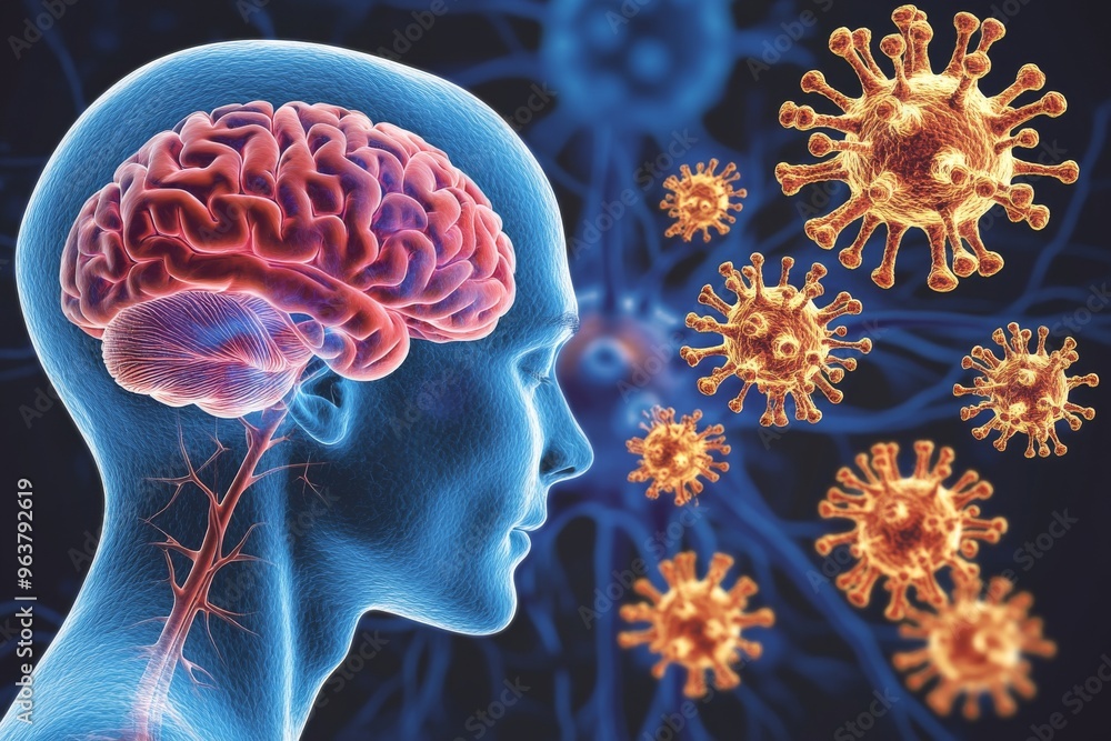Poster entorhinal cortex synaptic transmission and cerebellum digital brain surrounded by virus cells repre