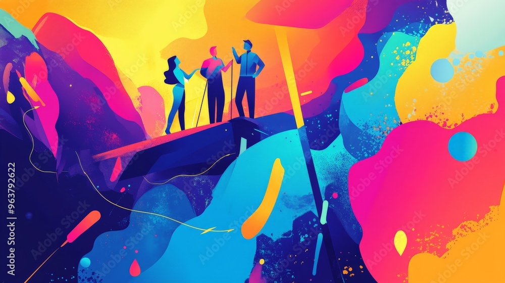 Poster vibrant abstract illustration of three figures standing on a platform, surrounded by colorful and dy