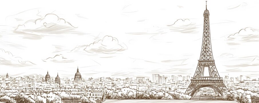 Hand-drawn sketch of the Eiffel Tower and cityscape of Paris