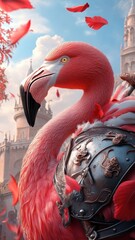 A flamingo in medieval knight armor standing in front of a grand castle, representing bravery and historical chivalry.