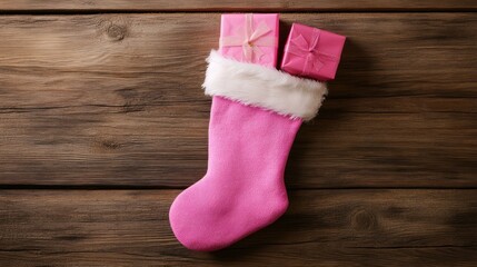 A pink Christmas stocking filled with small wrapped gifts on a wooden surface.