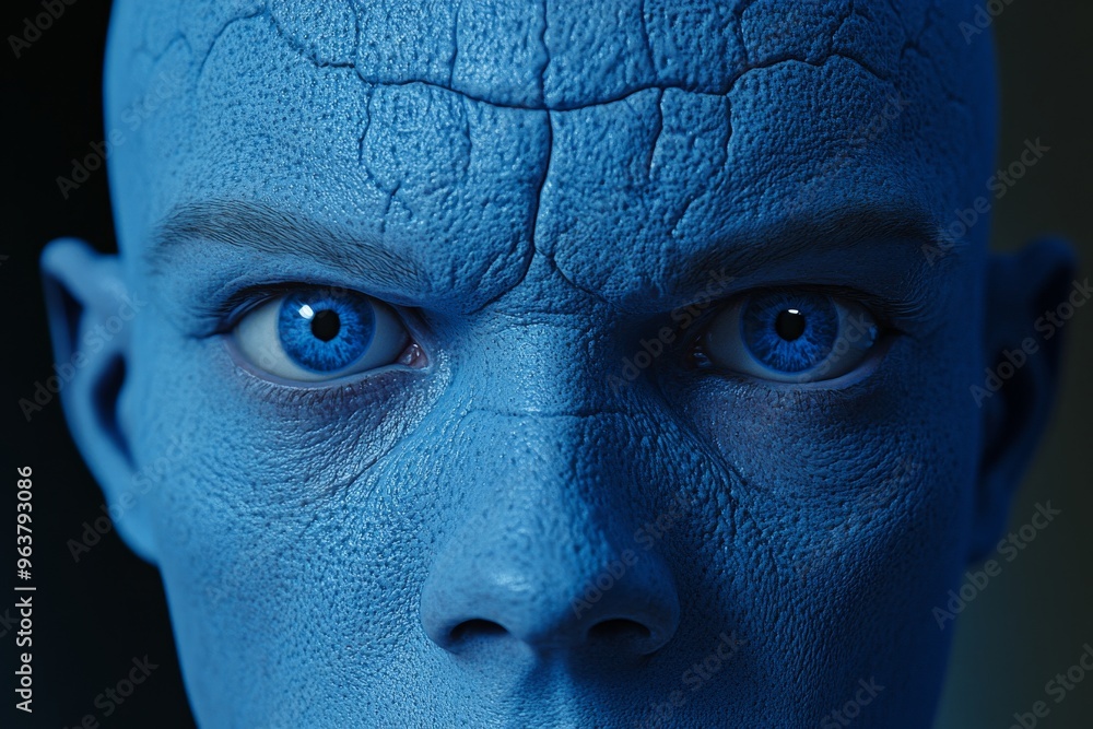 Poster dopamine pathways axon terminals and serotonin reuptake artistic portrait of a man with a blue face 
