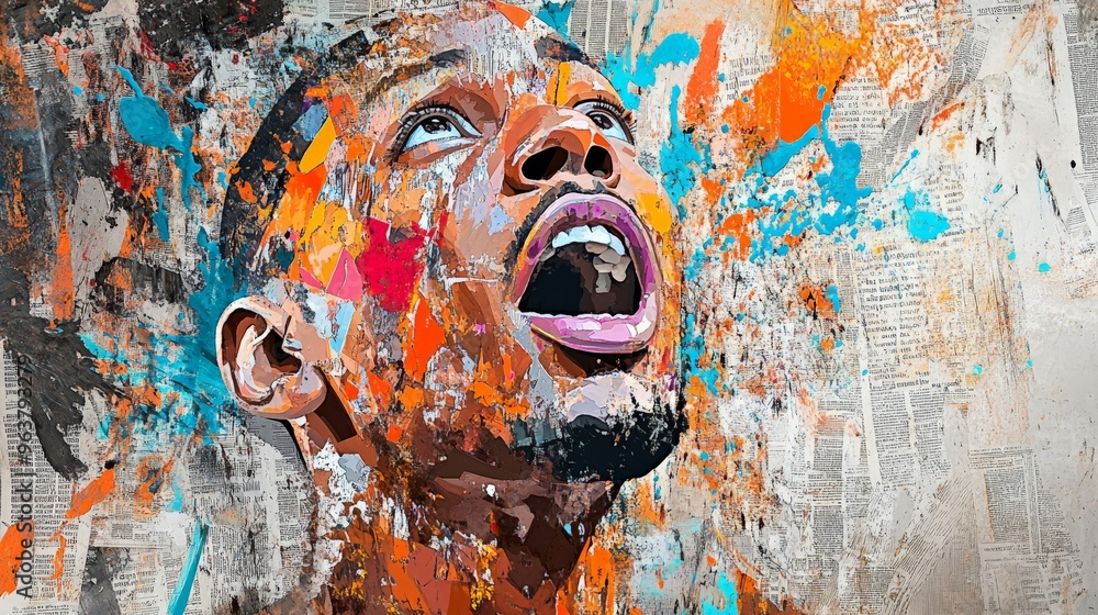 Poster vibrant abstract painting of a man expressing emotion, with colorful splashes and dynamic brushstrok