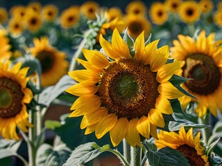 beautiful sunflowers close up in photo in flower garden