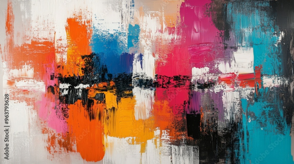 Poster vibrant abstract painting with bold colors and dynamic brushstrokes, creating a lively and expressiv