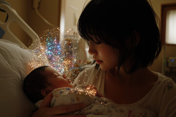 Tender moment between Asian mother and newborn baby, surrounded by ethereal sparkling lights. Intimate hospital setting showcases maternal love, care, and the magic of new life.