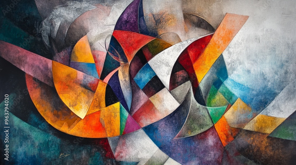 Aufkleber vibrant abstract painting with dynamic geometric shapes and colorful gradients, creating a visually 