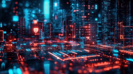 Obraz premium Futuristic digital cityscape with glowing data structures and vibrant neon colors.