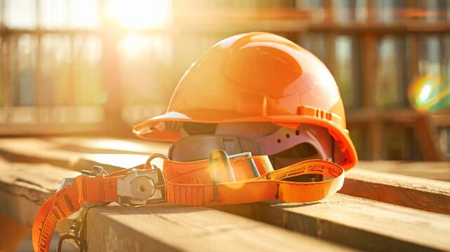 Safety harness and helmet on table, construction background, room for message, warm tones