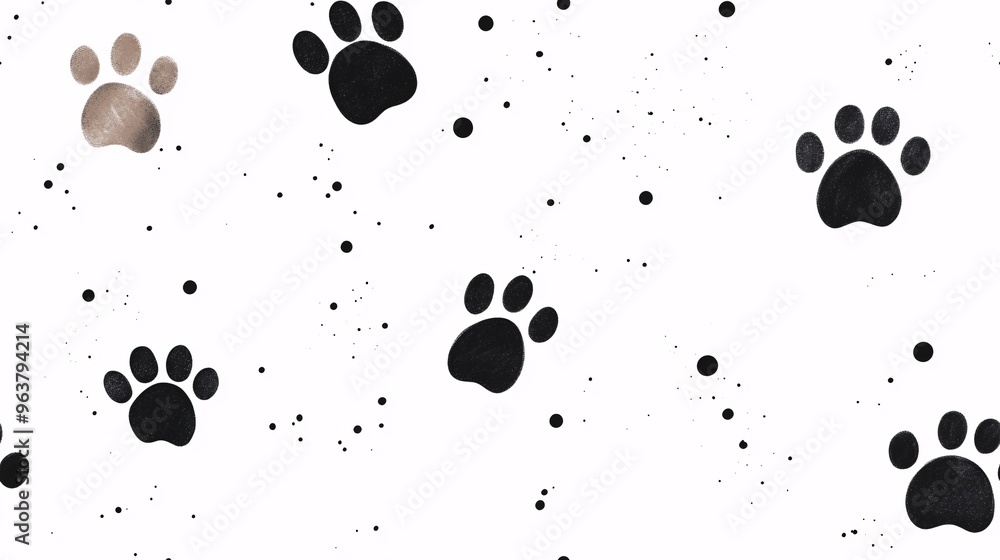 Poster paw print scatter: a playful and charming pattern of scattered paw prints in black and brown on a cl