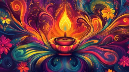 Fototapeta premium A colorful painting of a candle in a bowl with a flame