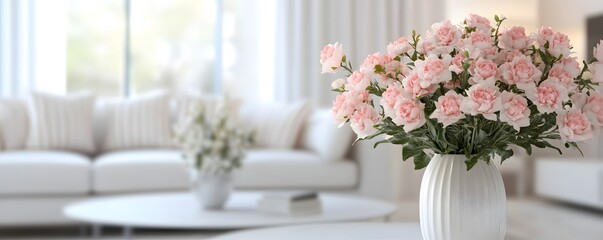 Pink Flowers in a White Vase in a Modern Living Room