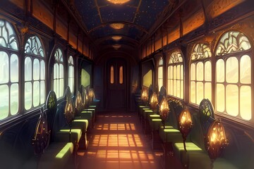 Obraz premium ゲーム背景 異世界レトロな魔法列車社内風景