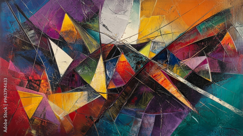 Aufkleber vibrant abstract painting with geometric shapes and bold colors, creating a dynamic and energetic vi