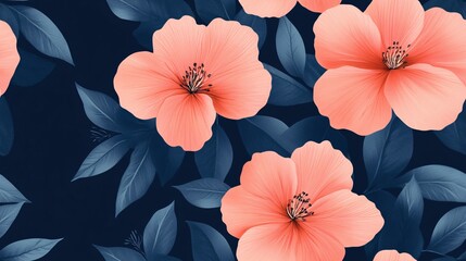 Obraz premium Coral Charm: Seamless Floral Elegance on Navy Blue 
