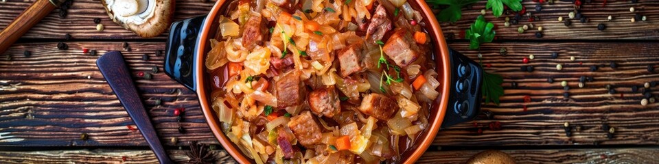 Bigos, a classic dish made with sauerkraut, assorted meats, dried mushrooms, and sausage.