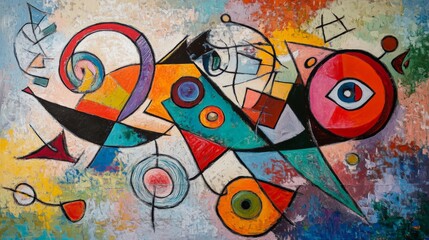 Vibrant abstract painting with geometric shapes and bold colors, conveying dynamic movement and artistic expression.