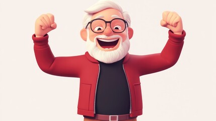 Obraz premium A cheerful elderly man with glasses and a beard, celebrating joyfully.