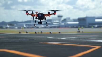 A drone is flying over a runway with people standing around
