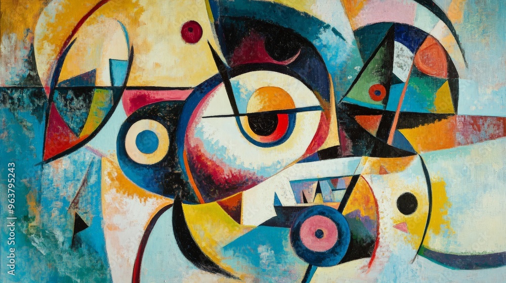 Poster vibrant abstract painting with geometric shapes and bold colors creating a dynamic and energetic vis