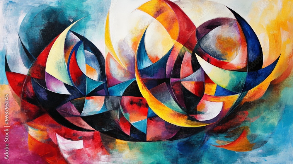 Poster vibrant abstract painting with geometric shapes and bold colors, creating dynamic visual impact and 