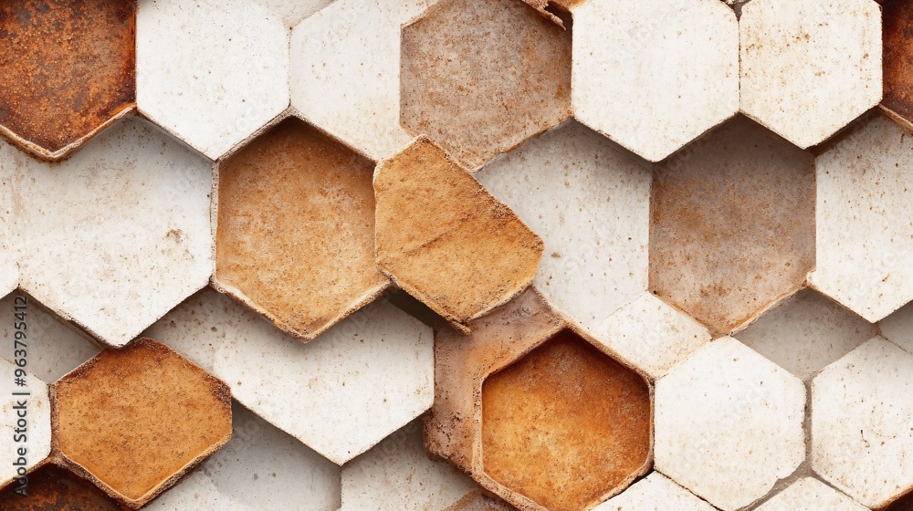 Poster rustic honeycomb harmony: an abstract texture of white and weathered brown hexagonal tiles interlock