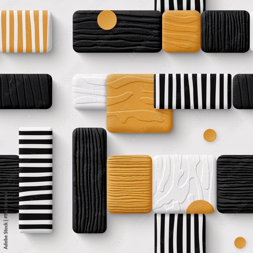 Poster geometric texture play: a captivating design featuring black, white, and gold rectangular blocks wit