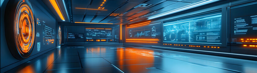 Fototapeta premium AI Powered Education Center Background: Futuristic Learning Hub with Interactive Whiteboards, Holographic Tools & Cost-Efficient Tech Transformation