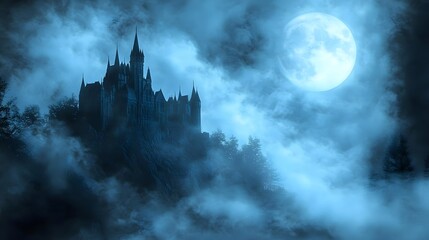 A gothic castle bathed in moonlight, watercolor style, with swirling mist enveloping the landscape, evoking a sense of mystery and intrigue 