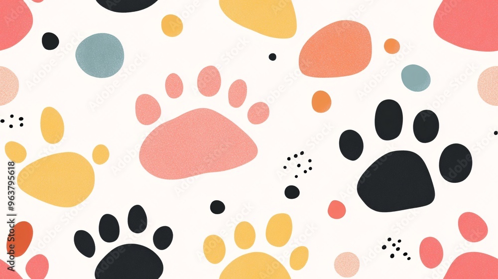 Poster colorful paw print seamless pattern: a playful and vibrant seamless pattern featuring colorful paw p