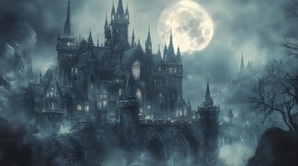 Naklejka premium Watercolor illustration of a gothic castle under a moonlit sky, surrounded by eerie mist, with soft shadows and intricate architectural details creating a haunting atmosphere 